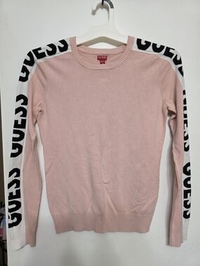 Guess Pink Crewneck Sweater with Black Logo Sleeve Trim MEDIUM